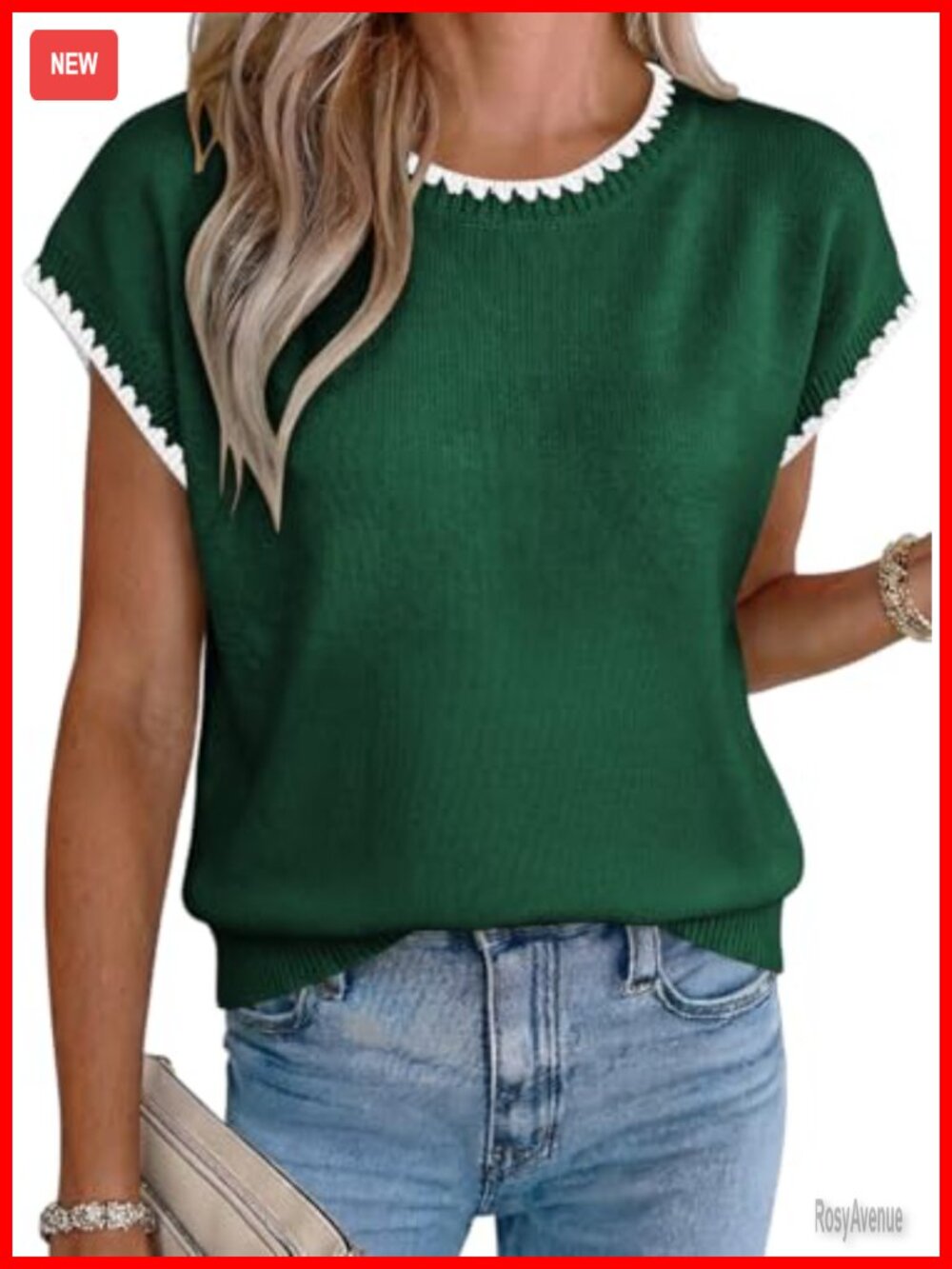Womens Summer Short Sleeve Knit Sweater Top Ruffled Trim Crew Neck